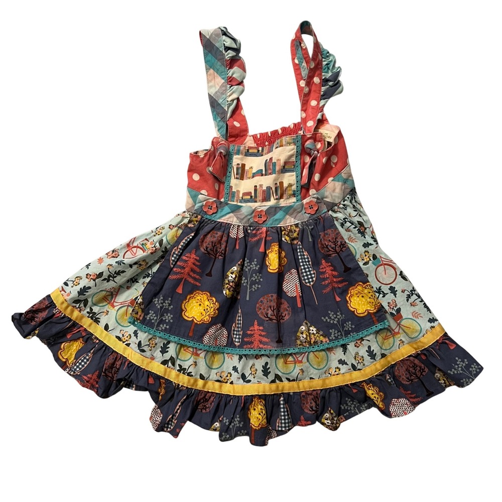 Matilda Jane Girls Knot Dress Size 2 Mixed Print Library Bicycle Ruffle Hem